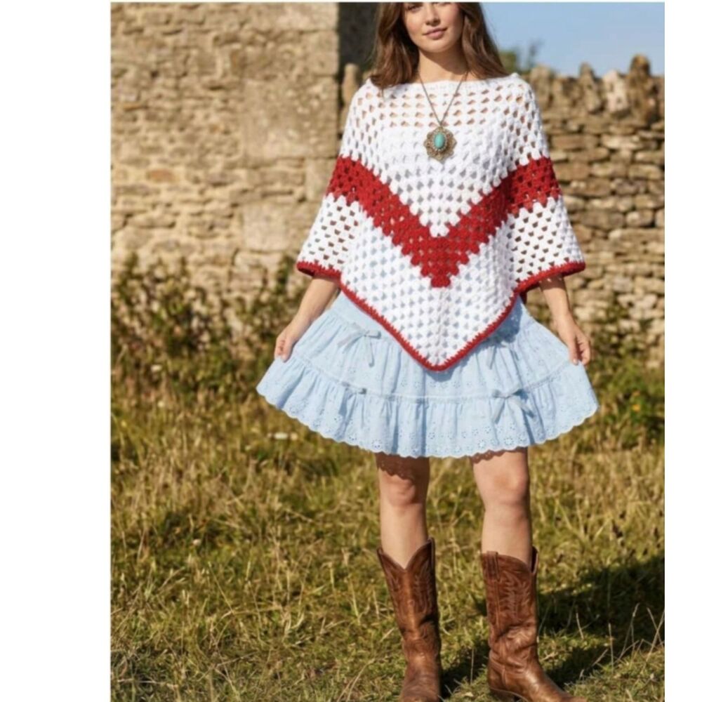 Vintage 70s Handmade Crocheted Shawl Cape Poncho Red White Striped Boho S/M